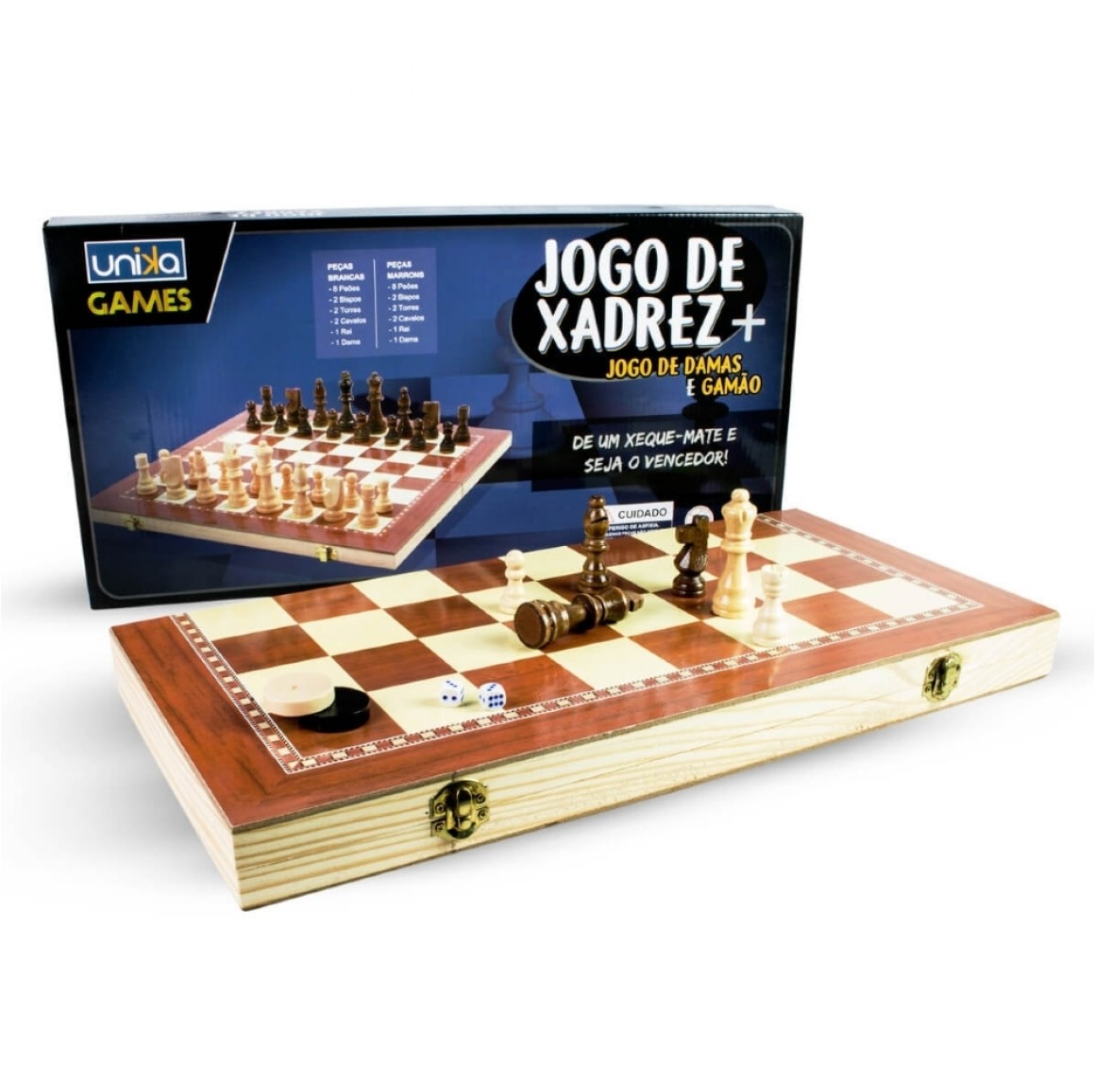 Jogo De Xadrez De Madeira 3 Em 1 34 x 34 Cm